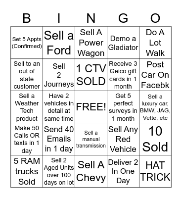 CAR SALES BINGO Card
