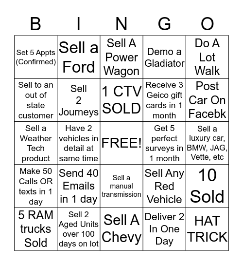 CAR SALES BINGO Card