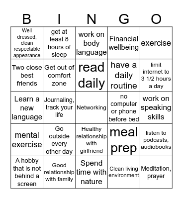 Self Improvement Bingo Card