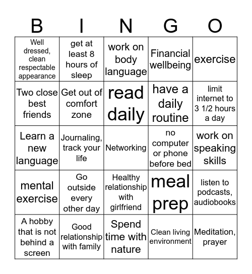 Self Improvement Bingo Card