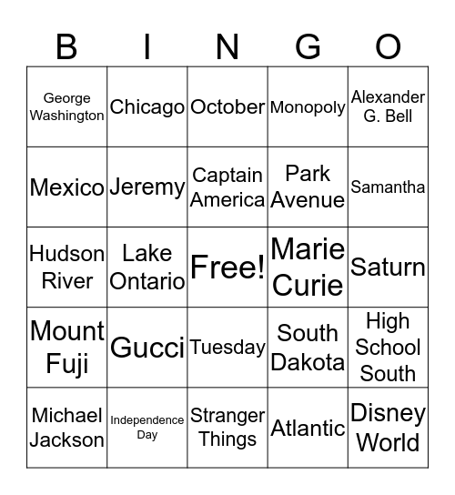 Proper Names Bingo Card