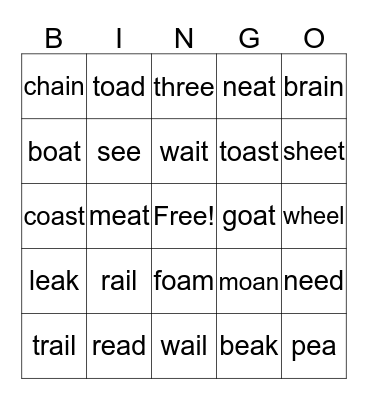 CVVC Long A/E Vowel Sounds Bingo Card