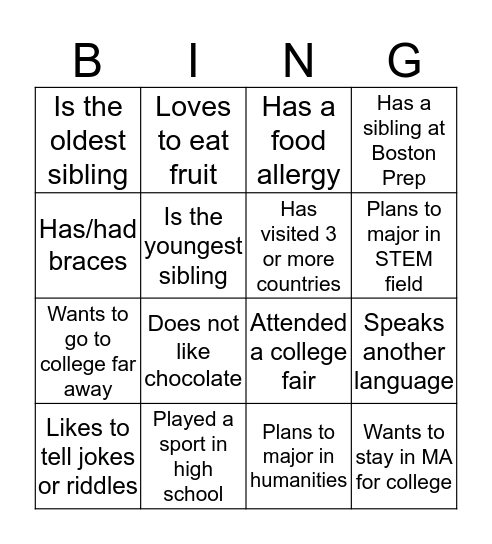 Junior College Prep Bingo Card