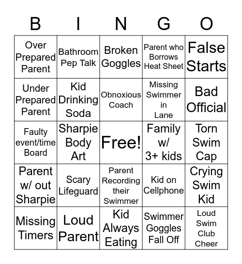 Swim Meet Bingo Card