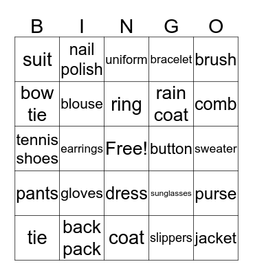 clothing & accessories  Bingo Card