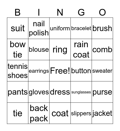 clothing & accessories  Bingo Card
