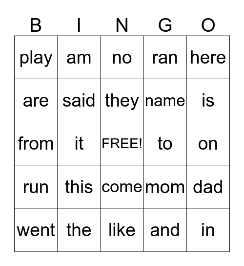 sight word bingo Card