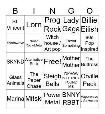 Mani Music Taste Bingo Card