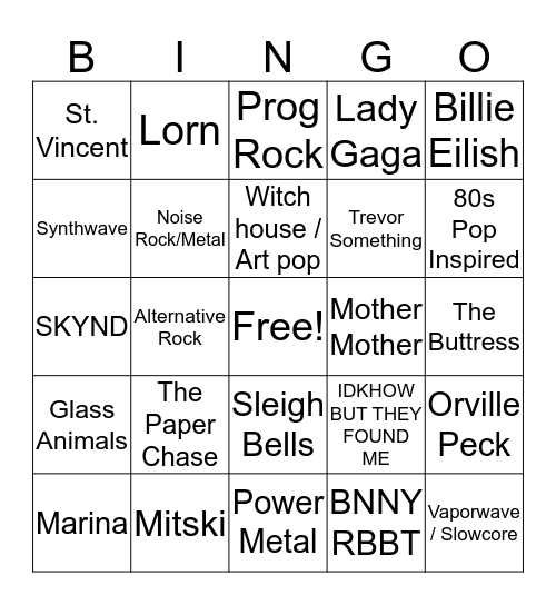 Mani Music Taste Bingo Card