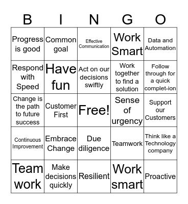DTiQ Company Values Bingo - NIMBLE Bingo Card