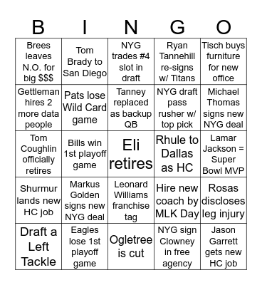 NY Giants 2020 Bingo Card