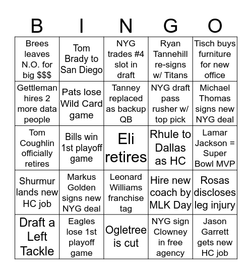 NY Giants 2020 Bingo Card