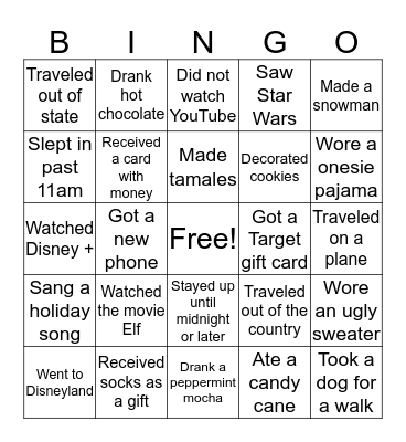 Over Winter Break BINGO Card