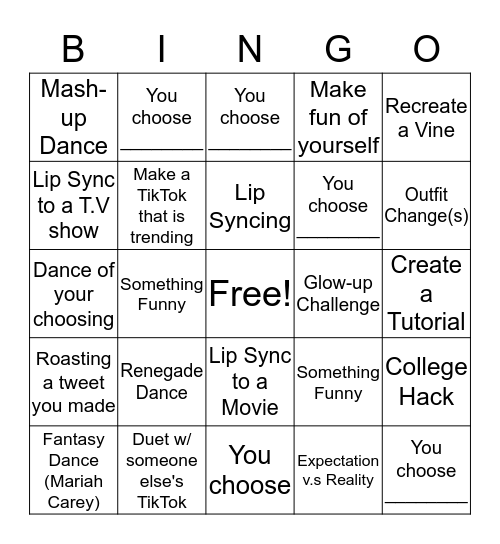 TIKTOK CHALLENGE Bingo Card