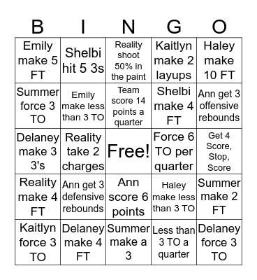 Lady Owls Game Goals Bingo Card