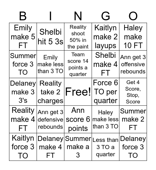 Lady Owls Game Goals Bingo Card
