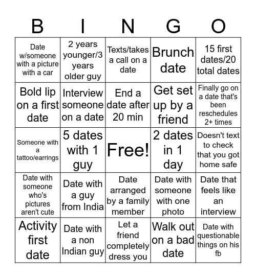 Dating Bingo Card