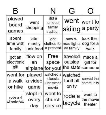 Find someone who-- Christmas Break Bingo Card