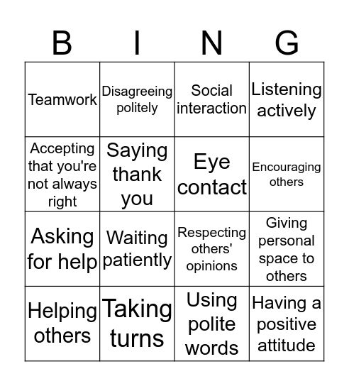 Social Skills Bingo Card