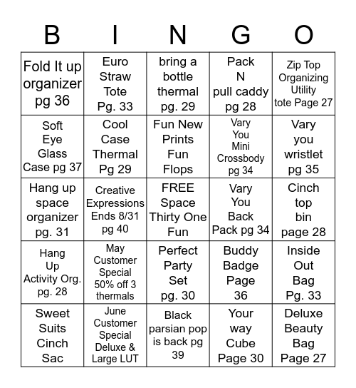 Thirty One  Bingo Card