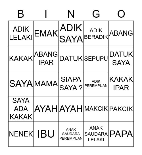 KELUARGA SAYA Bingo Card
