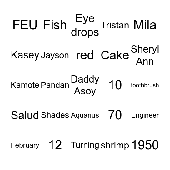 Daddy Asoy's 70th Birthday Bingo Card