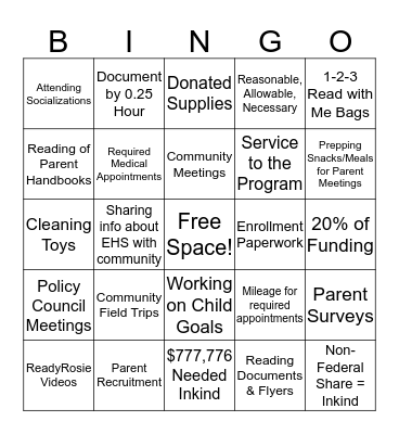 Inkind Bingo For Parents Bingo Card