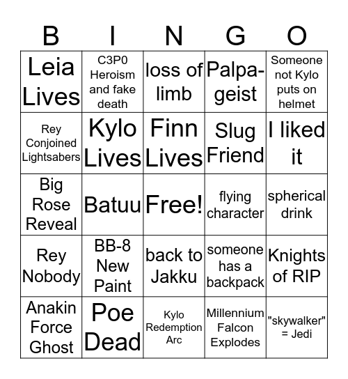 Star Wars Episode 9 Bingo Card