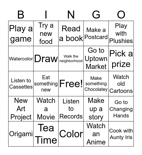 Bella's Sleepover Bingo Card