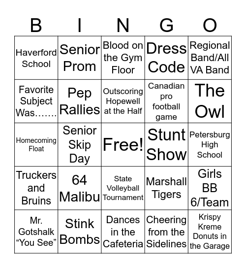 High School Fun Bingo Card