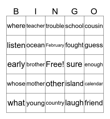 Sight Word Bingo Card