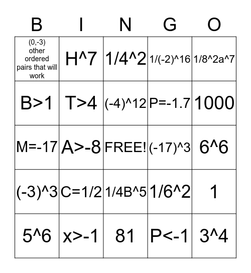 Math Bingo Card