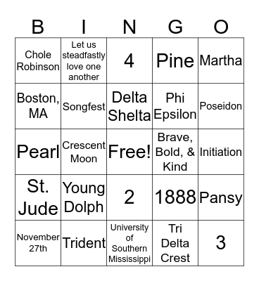 Tri Delta Bingo  Bingo Card