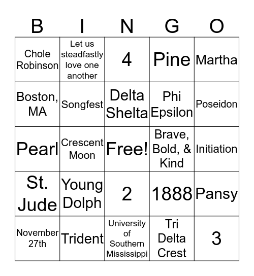 Tri Delta Bingo  Bingo Card