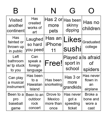 GETTING TO KNOW YOU Bingo Card