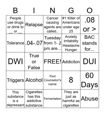 Alcohol and Drugs Bingo Card