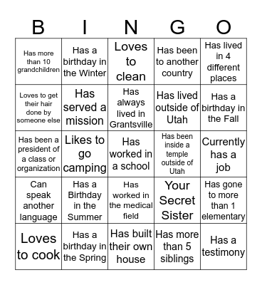 Secret Sister  Bingo Card