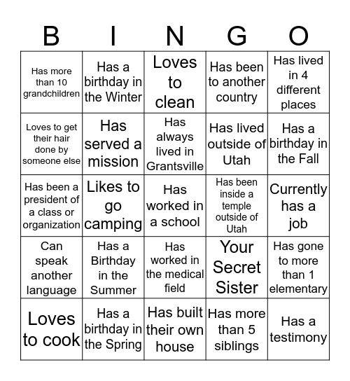 Secret Sister  Bingo Card