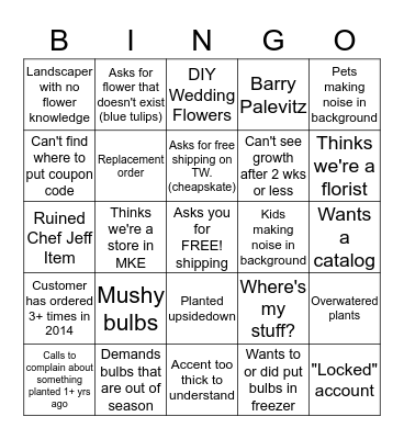 Flower Customer Bingo Card