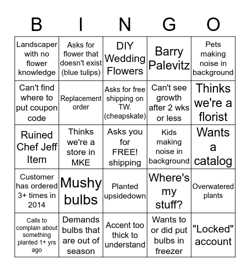 Flower Customer Bingo Card