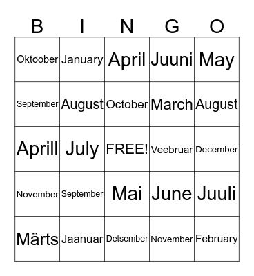 Months Bingo Card