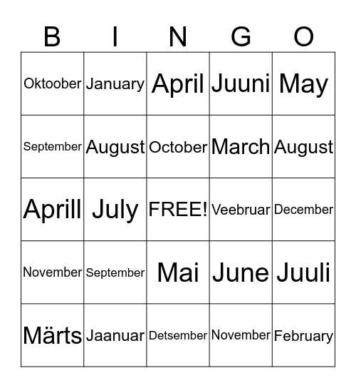 Months Bingo Card