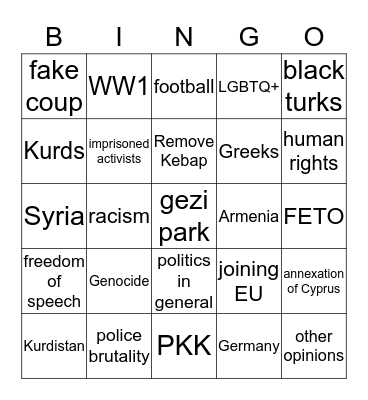 Turkey Trigger Bingo Card