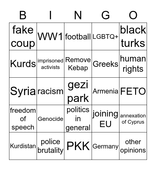 Turkey Trigger Bingo Card