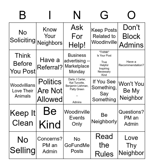 WOODINVILLE NEIGHBORS -- Guidelines Bingo Card