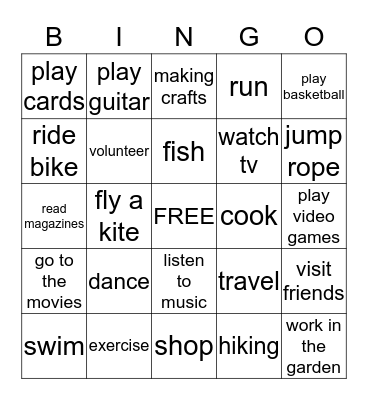 Leisure Activities Bingo Card