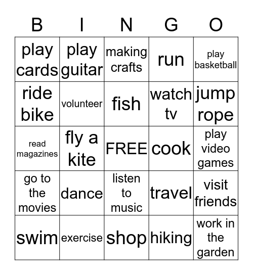 Leisure Activities Bingo Card