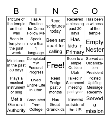 Relief Society Get to Know You Bingo Card