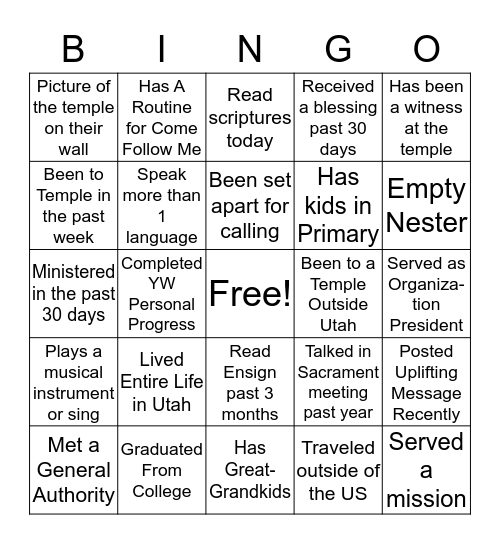 Relief Society Get to Know You Bingo Card