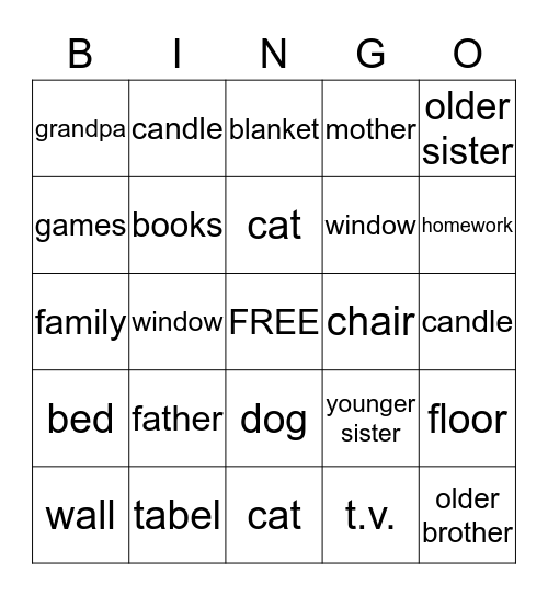 Family and Home Bingo Card